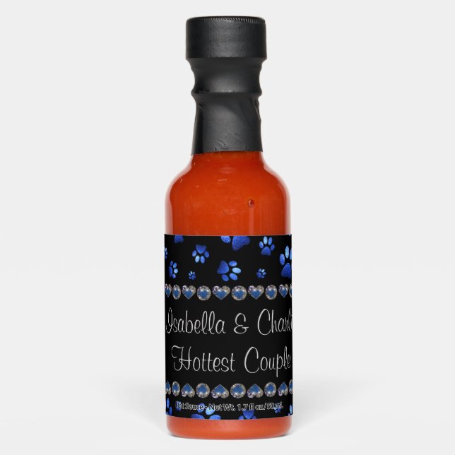 Custom name, blue glitter dog paws hot sauces (Front)
