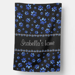 Custom name, blue glitter dog paws house flag