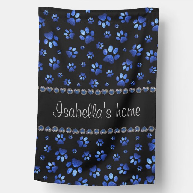 Custom name, blue glitter dog paws house flag (Front)