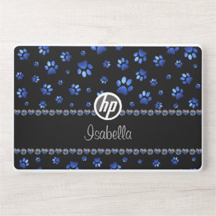 Custom name, blue glitter dog paws HP laptop skin