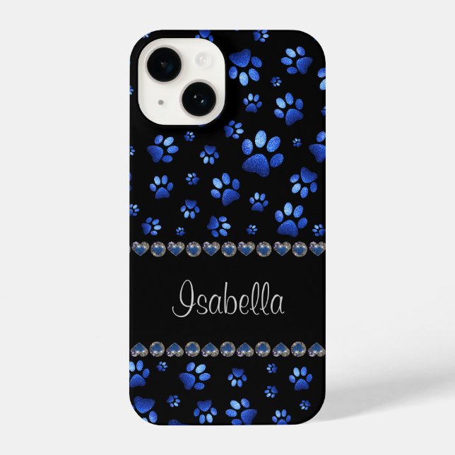 Custom name, blue glitter dog paws iPhone case (Back)
