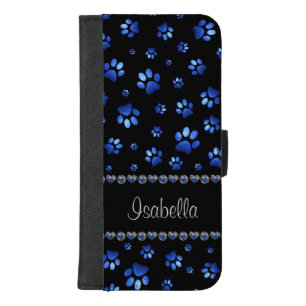 Custom name, blue glitter dog paws iPhone 8/7 plus wallet case