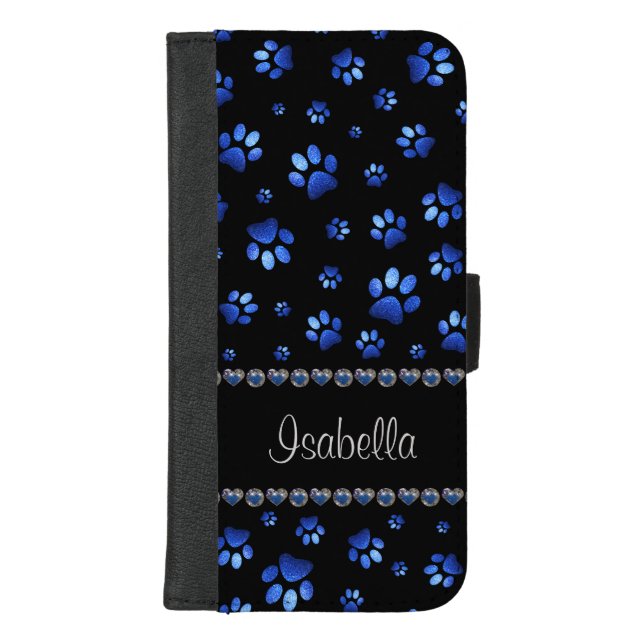 Custom name, blue glitter dog paws  iPhone wallet case (Front)