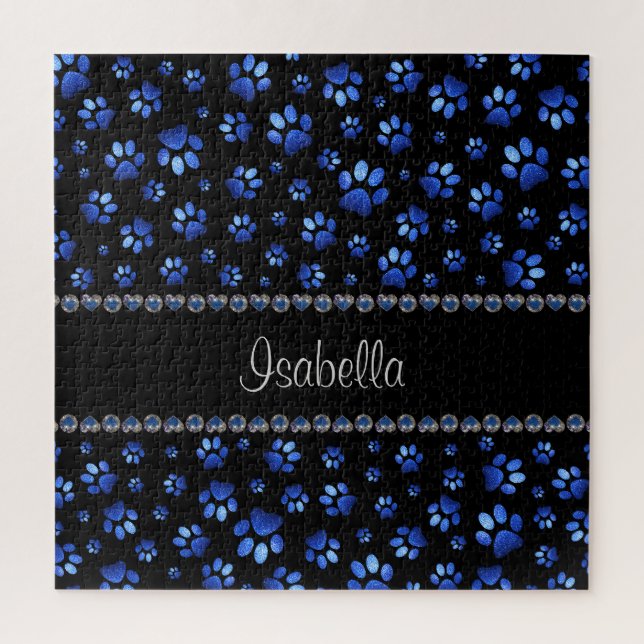 Custom name, blue glitter dog paws jigsaw puzzle (Vertical)