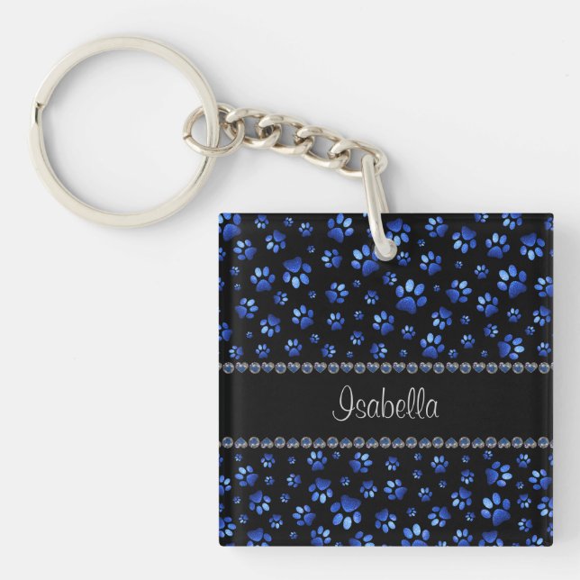 Custom name, blue glitter dog paws keychain (Front)