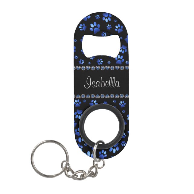 Custom name, blue glitter dog paws keychain bottle opener (Front)