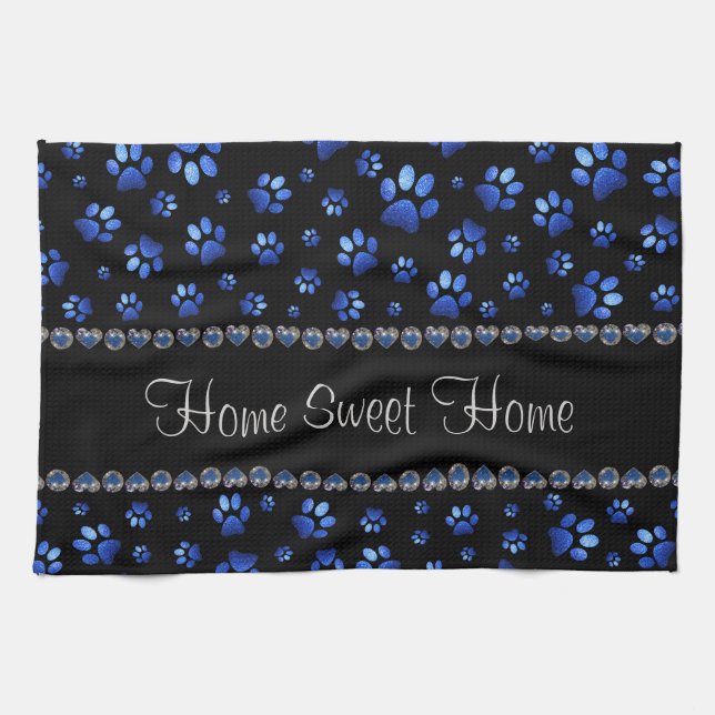 Custom name, blue glitter dog paws kitchen towel (Horizontal)