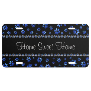 Custom name, blue glitter dog paws license plate