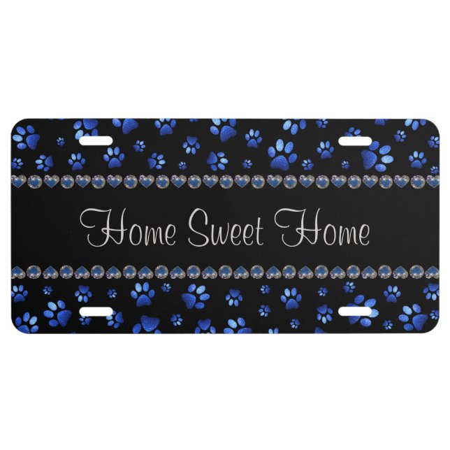 Custom name, blue glitter dog paws license plate (Front)