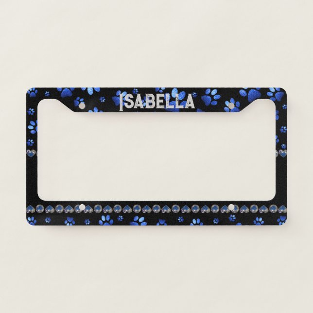 Custom name, blue glitter dog paws license plate frame (Front)