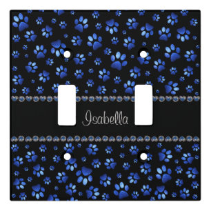 Custom name, blue glitter dog paws light switch cover