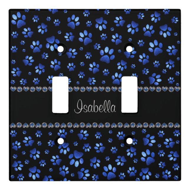 Custom name, blue glitter dog paws light switch cover (Front)