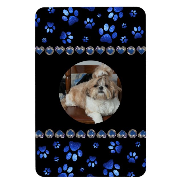 Custom name, blue glitter dog paws magnet (Vertical)