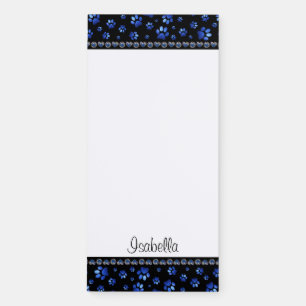 Custom name, blue glitter dog paws magnetic notepad