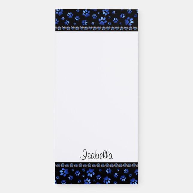 Custom name, blue glitter dog paws magnetic notepad (Front)