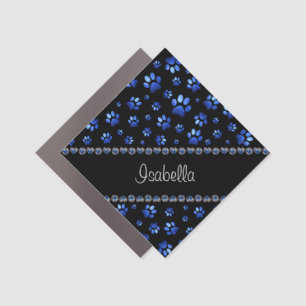 Custom name, blue glitter dog paws on black  car magnet
