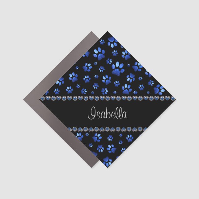 Custom name, blue glitter dog paws on black  car magnet (Front)