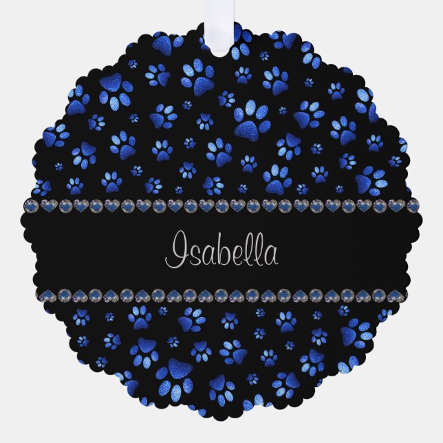 Custom name, blue glitter dog paws ornament card (Front)