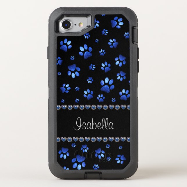 Custom name, blue glitter dog paws  otterbox iPhone case (Back)