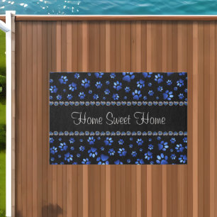 Custom name, blue glitter dog paws outdoor rug