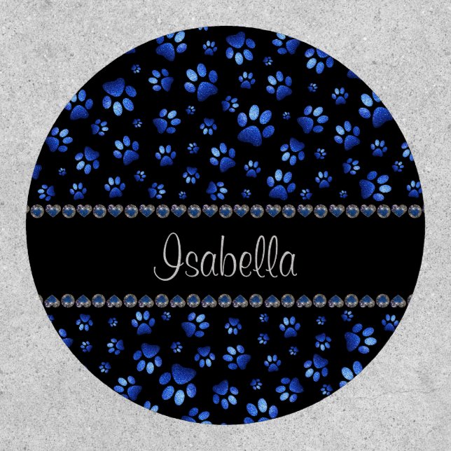 Custom name, blue glitter dog paws patch (Front)