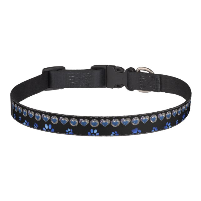Custom name, blue glitter dog paws pet collar (Front)