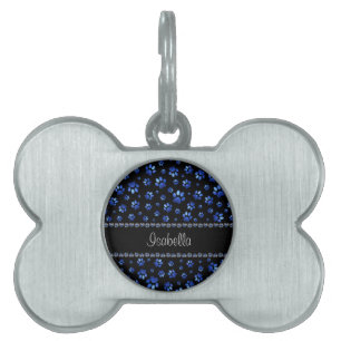 Custom name, blue glitter dog paws pet ID tag