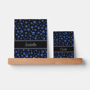 Custom name, blue glitter dog paws picture ledge