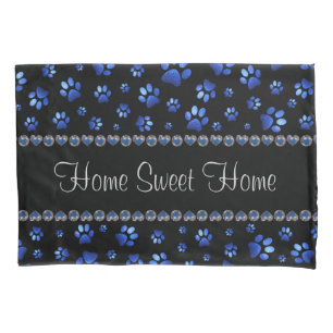 Custom name, blue glitter dog paws pillow case