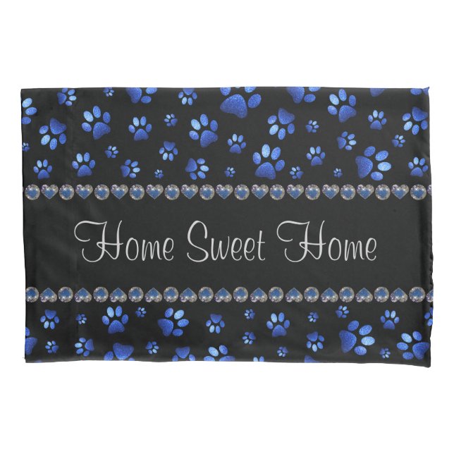 Custom name, blue glitter dog paws pillow case (Front)