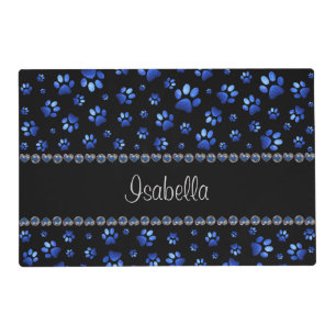 Custom name, blue glitter dog paws placemat