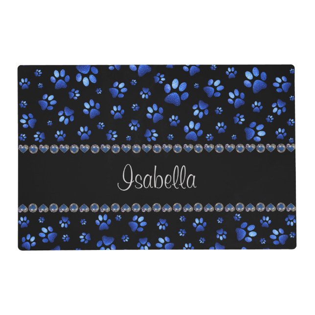 Custom name, blue glitter dog paws placemat (Front)