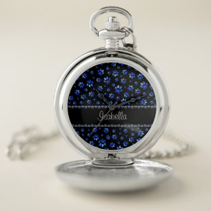 Custom name, blue glitter dog paws pocket watch