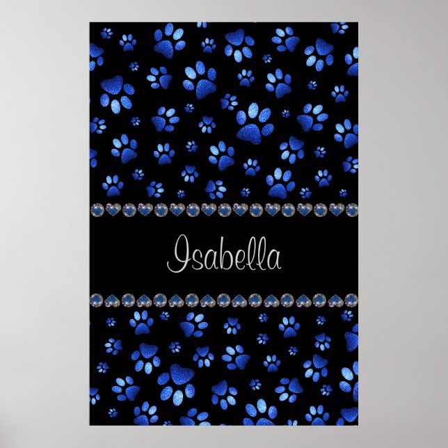 Custom name, blue glitter dog paws poster (Front)