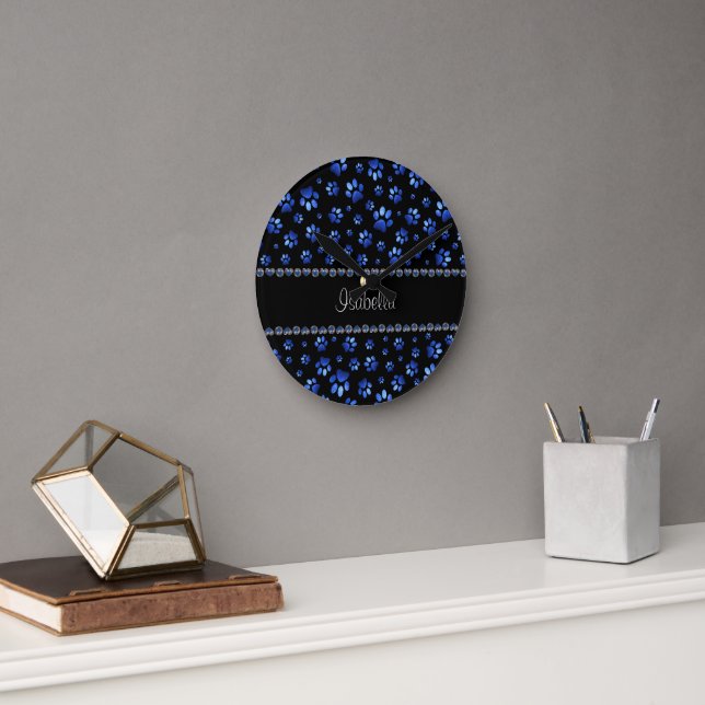 Custom name, blue glitter dog paws round clock (Office)