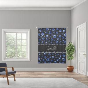 Custom name, blue glitter dog paws sheer curtains