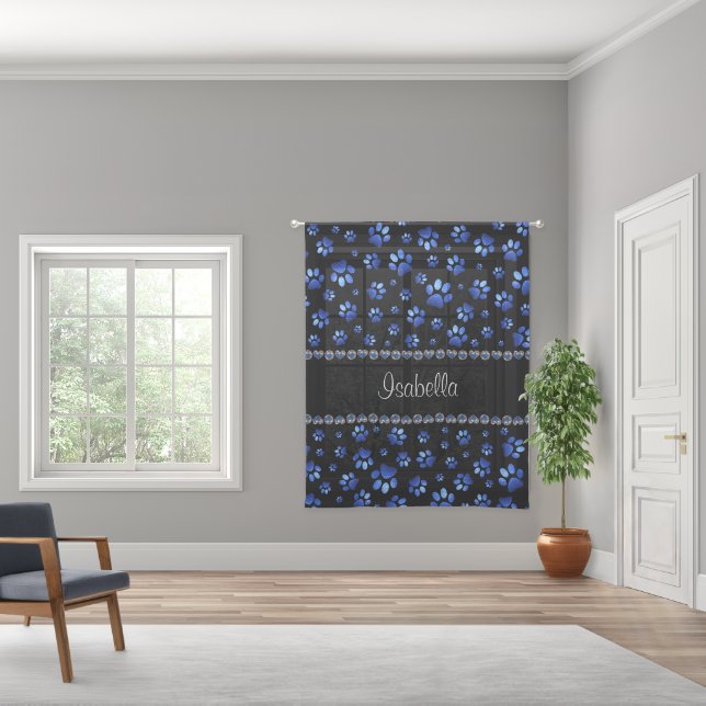 Custom name, blue glitter dog paws sheer curtains (Wide)
