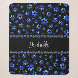 Custom name, blue glitter dog paws sherpa blanket