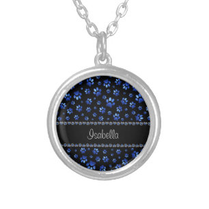 Custom name, blue glitter dog paws silver plated necklace
