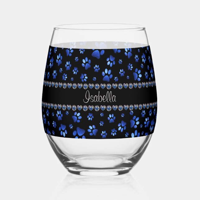Custom name, blue glitter dog paws stemless wine glass (Front)