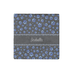 Custom name, blue glitter dog paws stone magnet