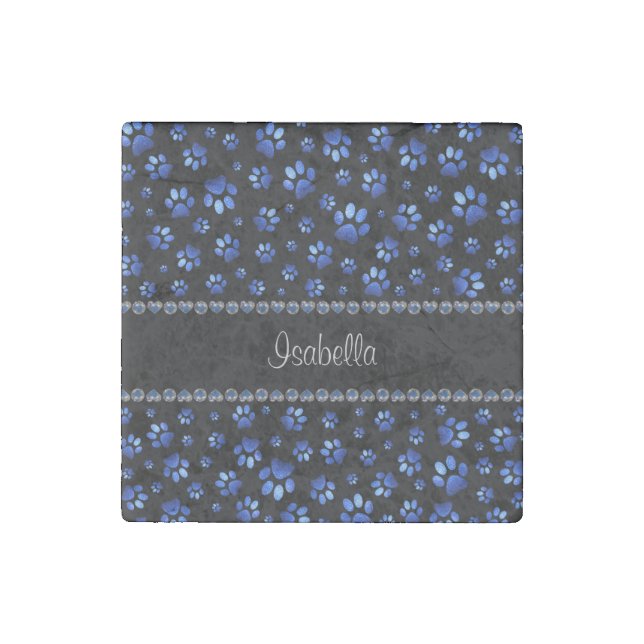Custom name, blue glitter dog paws stone magnet (Front)