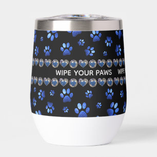 Custom name, blue glitter dog paws thermal wine tumbler