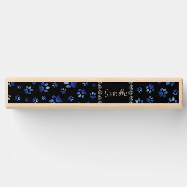 Custom name, blue glitter dog paws topple tower (Front)