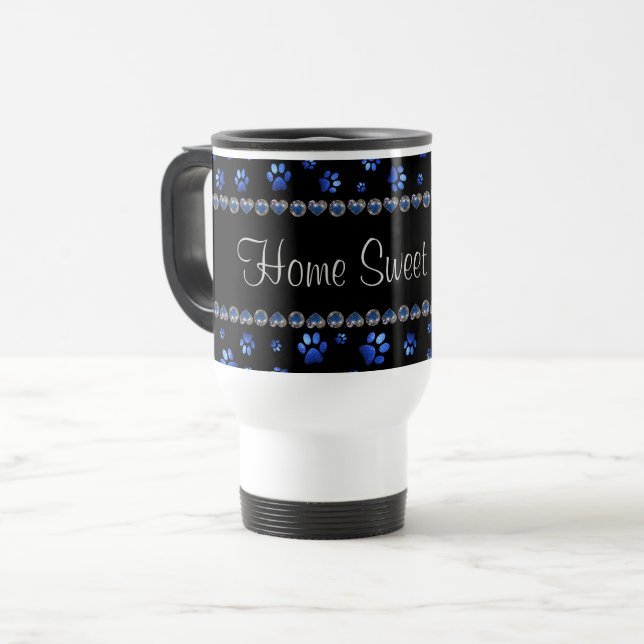 Custom name, blue glitter dog paws travel mug (Front Left)