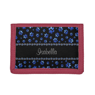 Custom name, blue glitter dog paws tri-fold wallet