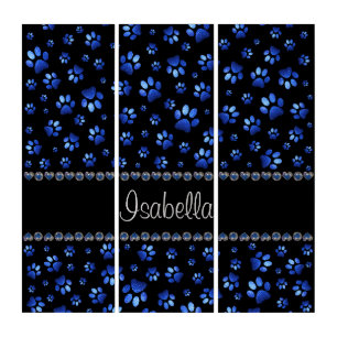 Custom name, blue glitter dog paws triptych