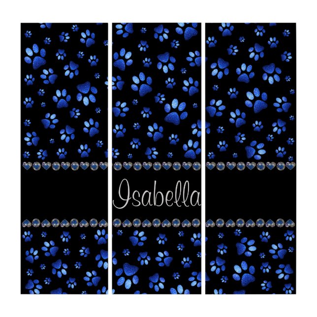 Custom name, blue glitter dog paws triptych (Front)