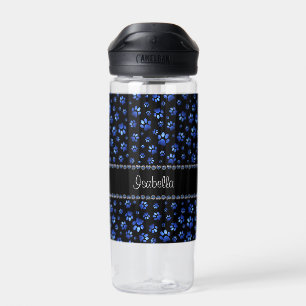 Custom name, blue glitter dog paws water bottle