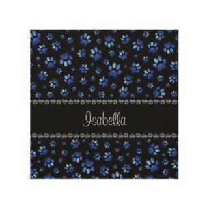 Custom name, blue glitter dog paws wood wall art
